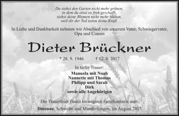 Traueranzeige von Dieter Brückner von Südthüringer Presse