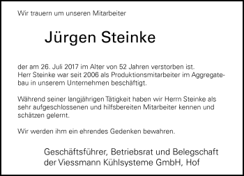 Traueranzeige von Jürgen Steinke von Frankenpost