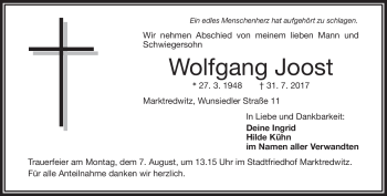 Traueranzeige von Wolfgang Joost von Frankenpost