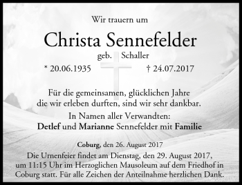 Traueranzeige von Christa Sennefelder von Neue Presse Coburg