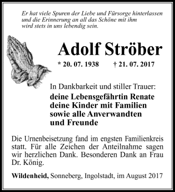 Traueranzeige von Adolf Ströber Adolf Ströber von Südthüringer Presse