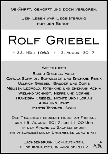 Traueranzeige von Rolf Griebel von Südthüringer Presse