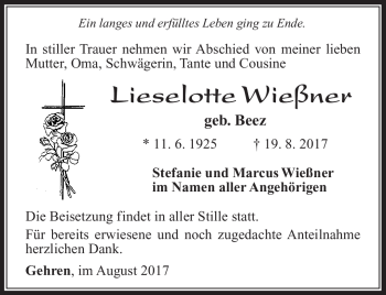 Traueranzeige von Lieselotte Wießner von Südthüringer Presse