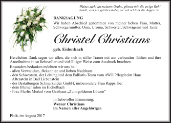 Traueranzeige von Christel Christians von Südthüringer Presse