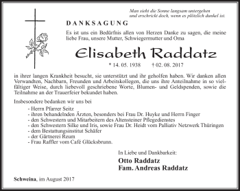 Traueranzeige von Elisabeth Raddatz von Südthüringer Presse