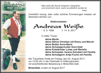 Traueranzeige von Andreas Weiße von Südthüringer Presse