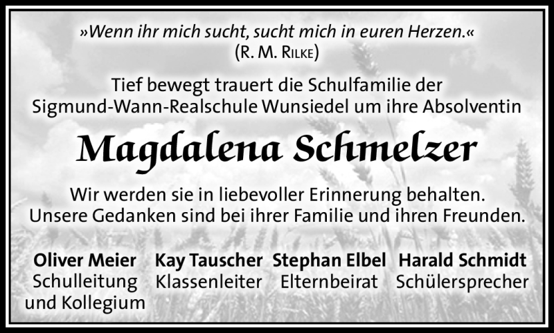  Traueranzeige für Magdalena Schmelzer vom 09.08.2017 aus Frankenpost