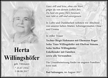 Traueranzeige von Herta Willingshöfer von Südthüringer Presse