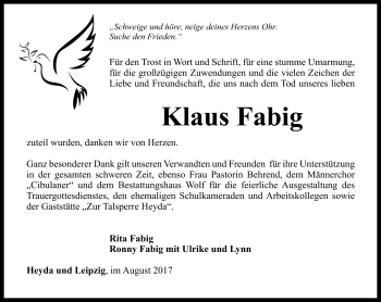 Traueranzeige von Klaus Fabig von Südthüringer Presse