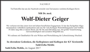 Traueranzeige von Wolf-Dieter Geiger von Südthüringer Presse