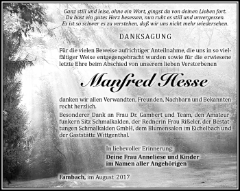 Traueranzeige von Manfred Hesse von Südthüringer Presse