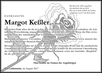 Traueranzeige von Margot Keßler von Südthüringer Presse