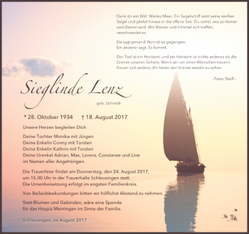 Traueranzeige von Sieglinde Lenz von Südthüringer Presse