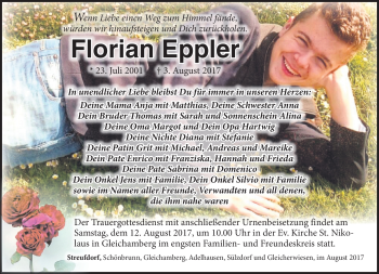 Traueranzeige von Florian Eppler von Südthüringer Presse