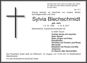 Traueranzeige von Sylvia Blechschmidt von Frankenpost