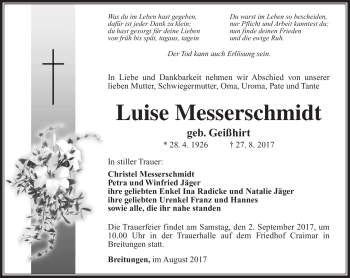 Traueranzeige von Luise Messerschmidt von Südthüringer Presse