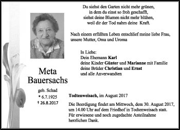 Traueranzeige von Meta Bauersachs von Neue Presse Coburg