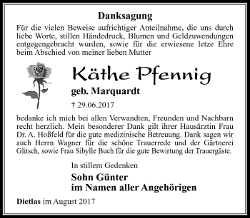 Traueranzeige von Käthe Pfennig von Südthüringer Presse