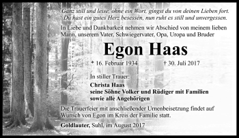 Traueranzeige von Egon Haas von Südthüringer Presse