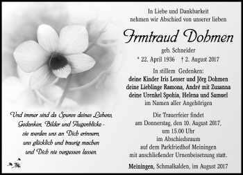 Traueranzeige von Irmtraud Dohmen von Südthüringer Presse