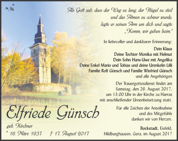 Traueranzeige von Elfriede Günsch von Südthüringer Presse