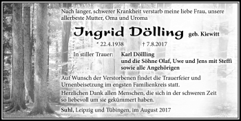 Traueranzeige von Ingrid Dölling von Südthüringer Presse