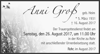 Traueranzeige von Anni Groß von Südthüringer Presse