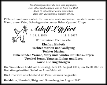 Traueranzeige von Adolf Lipfert von Südthüringer Presse