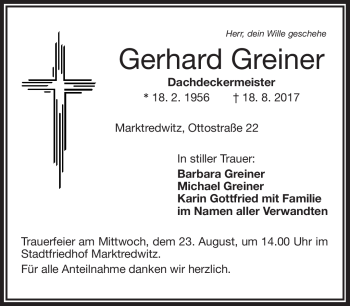 Traueranzeige von Gerhard Greiner von Frankenpost