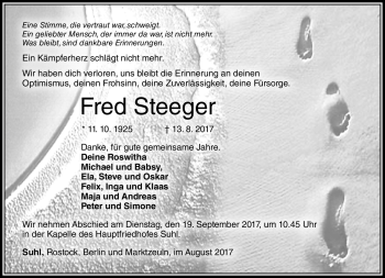 Traueranzeige von Fred Steeger von Südthüringer Presse