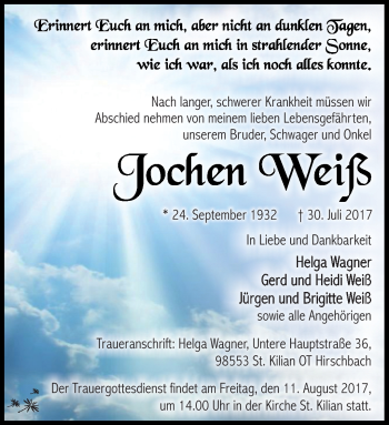 Traueranzeige von Jochen Weiß von Südthüringer Presse