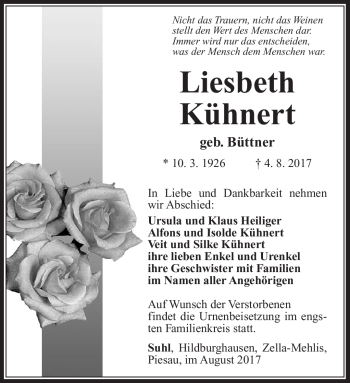 Traueranzeige von Liesbeth Kühnert von Südthüringer Presse