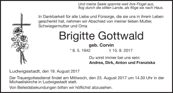 Traueranzeige von Brigitte Gottwald von Neue Presse Coburg