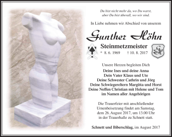 Traueranzeige von Gunther Höhn von Südthüringer Presse