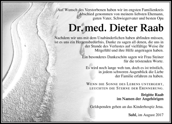 Traueranzeige von Dieter Raab von Südthüringer Presse