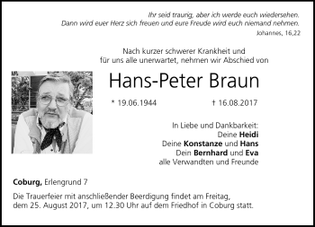 Traueranzeige von Hans-Peter Braun von Neue Presse Coburg