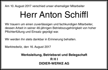 Traueranzeige von Anton Schiffl von Frankenpost