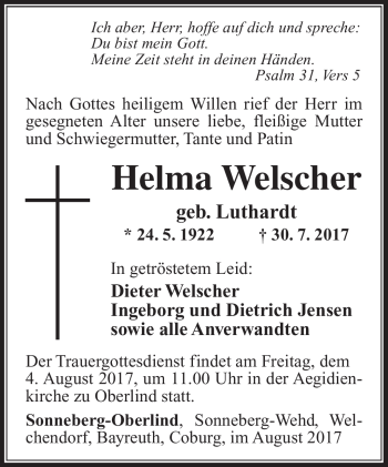 Traueranzeige von Helma Welscher von Südthüringer Presse
