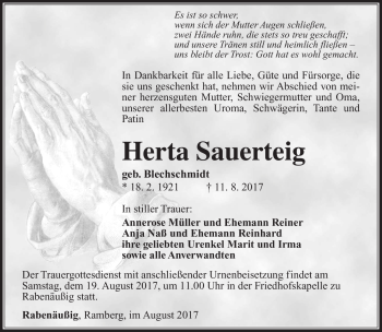 Traueranzeige von Herta Sauerteig von Südthüringer Presse