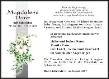 Traueranzeige von Magdalene Danz von Südthüringer Presse