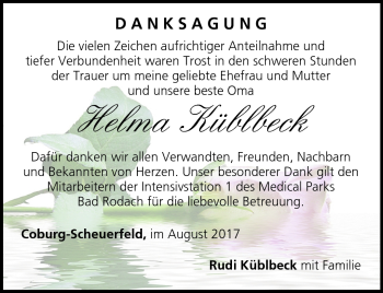 Traueranzeige von Helma Küblbeck von Neue Presse Coburg