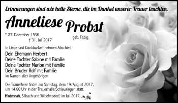 Traueranzeige von Anneliese Probst von Südthüringer Presse