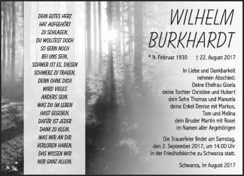 Traueranzeige von Wilhelm Burkhardt von Südthüringer Presse