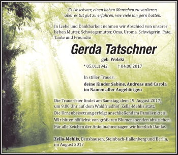 Traueranzeige von Gerda Tatschner von Südthüringer Presse