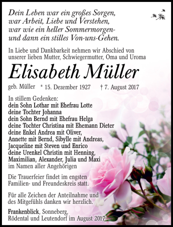 Traueranzeige von Elisabeth Müller von Südthüringer Presse