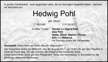 Traueranzeige von Hedwig Pohl von Neue Presse Coburg