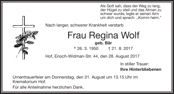 Traueranzeige von Regina Wolf von Frankenpost