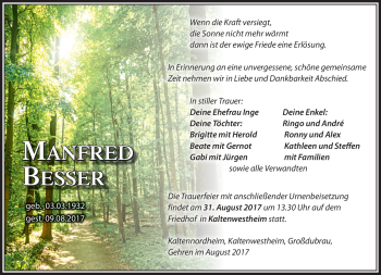 Traueranzeige von Manfred Besser von Südthüringer Presse