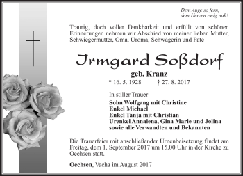 Traueranzeige von Irmgard Soßdorf von Südthüringer Presse