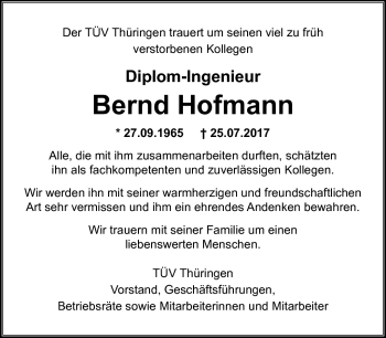 Traueranzeige von Bernd Hofmann von Südthüringer Presse